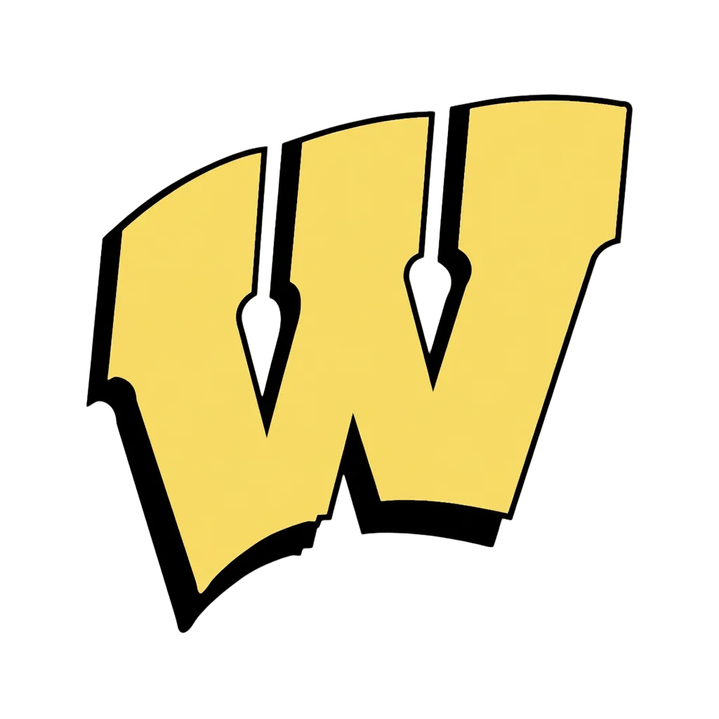 Large yellow letter 'W' with black outline on a white background